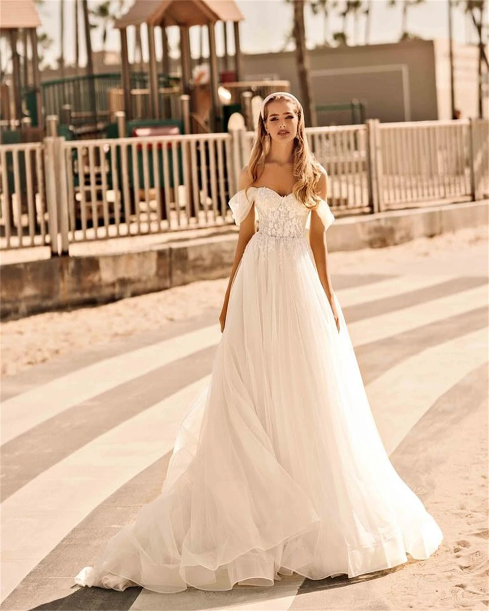

Customized Boho White Organza Wedding Dress Sexy Sweetheart Off the Shoulder Bridal Gowns Soft A-Line Court Train Robe de mariée