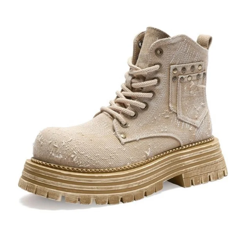 Retro Denim Boots for women High Quality Tooling Boots Fashion Designer Platform Ankle Boots Versatile High Top Working Shoes