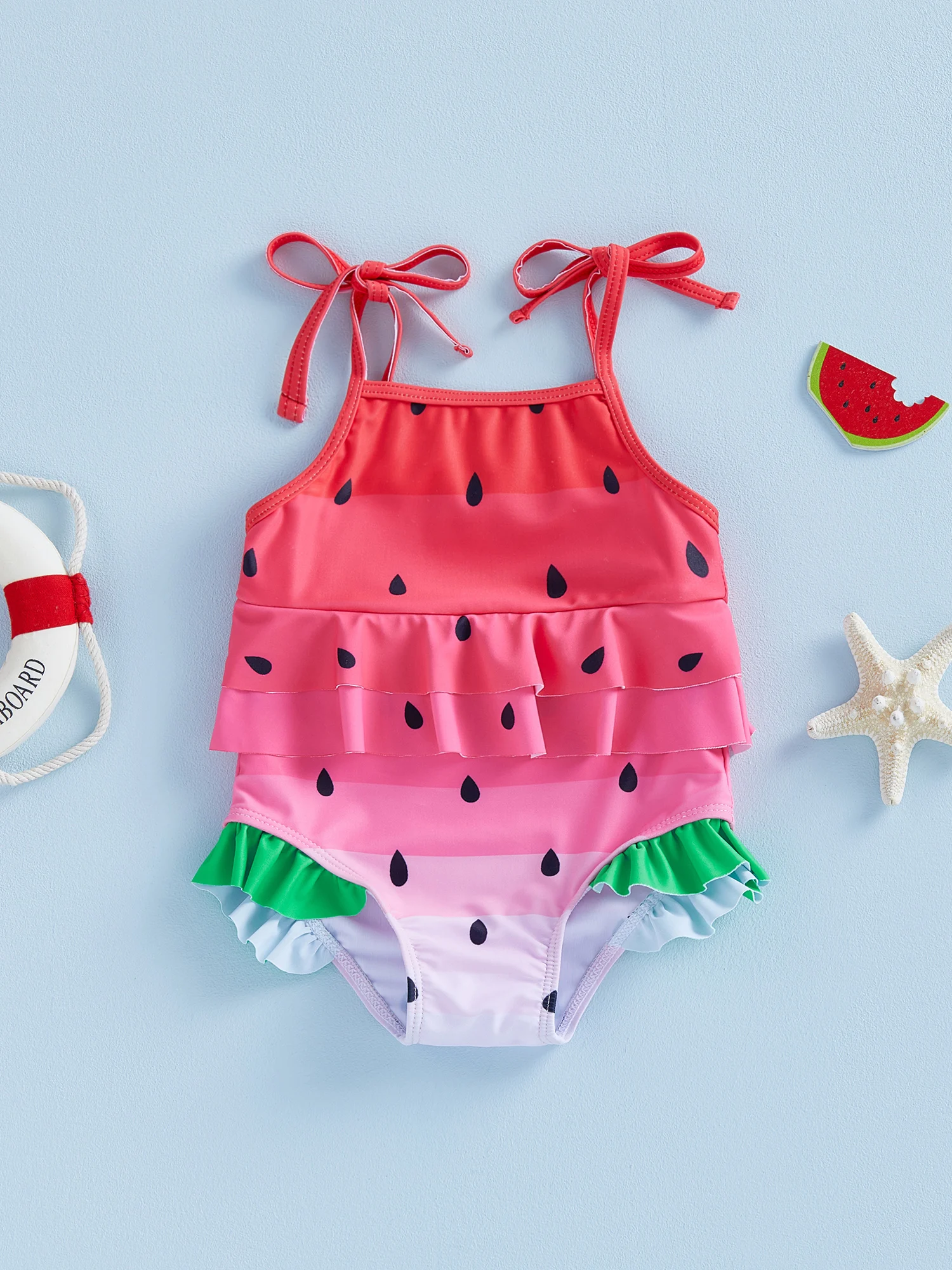 

Adorable Baby Girl Bathing Suit with Spaghetti Straps Layered Ruffles and Watermelon Print - Summer Swimwear for Toddlers
