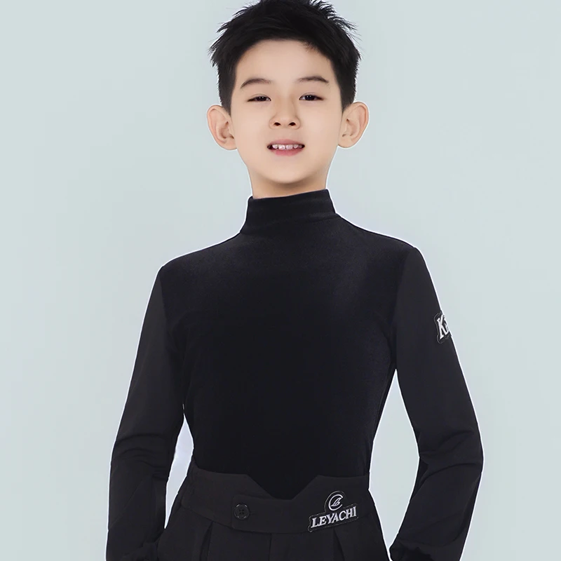 

2025 детские костюмы для латинских танцев для мальчиков, черные рубашки с высоким воротом, самба, чача, танго, детские топы для латинских танцев XH3709