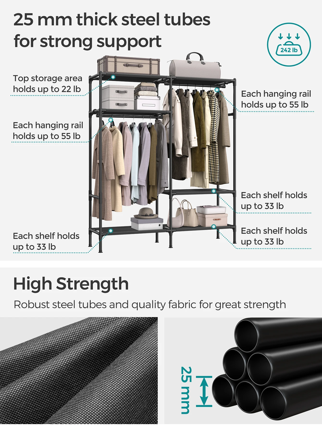 SONGMICS 74.8" H Garment Rack, Clothing Rack, Portable Closet Wardrobe With Hanging Rails And Shelves, Total Load 242 Lb, Eas image 4