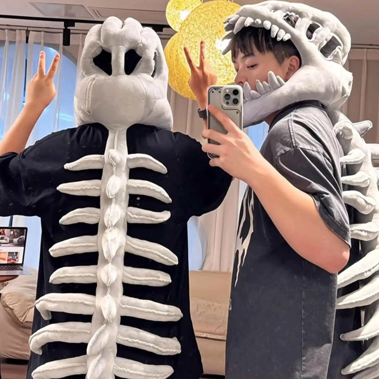 Dinosaur Skeleton Costume Plush Stuffed Toy Halloween Skeleton Outfits for Kids Adults Stage Performance Themed Event Haunted