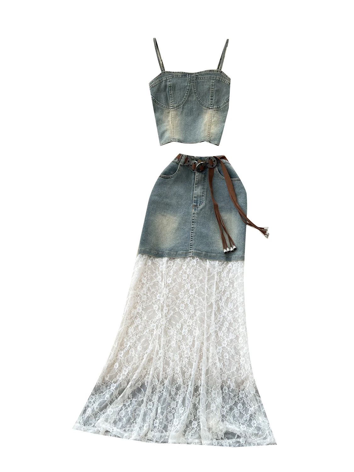 Conjunto de Verão F Estilo Retrô Americano, Top Cropped de Jeans com Renda e Saia , Moda Trendy