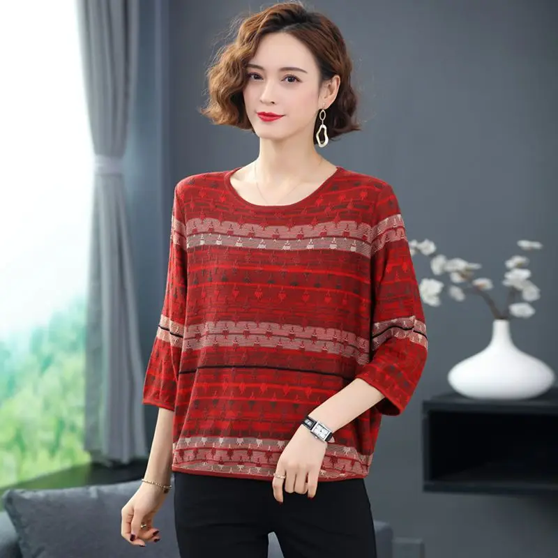 Women Clothing Fashion Patchwork Thin Knit T-shirt Spring Summer Casual Loose O-neck Short Sleeve Pullovers Office Lady Chic Top