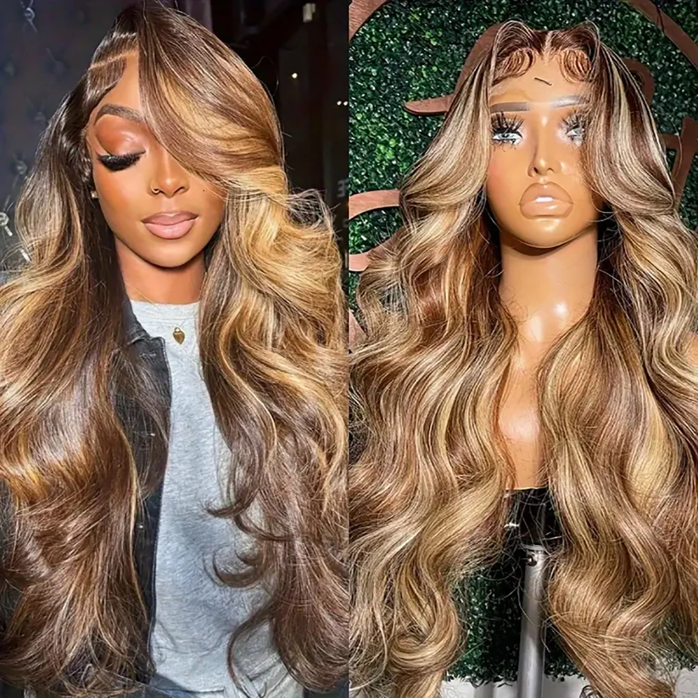 Körperwelle Highlight Ombre Honigblond P4/27, farbige Perücke, 13 x 4 transparente Spitzenfront-Echthaarperücke, vorgezupft, 3 Tage Lieferung