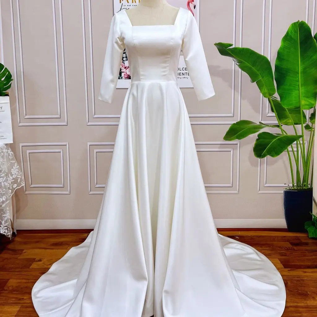 Tanya Simple A Line Zipper Back Wedding Dresses Vintage Square Collar Bridal Gown Elegant Vestidos De Noiva Custom Made TT600