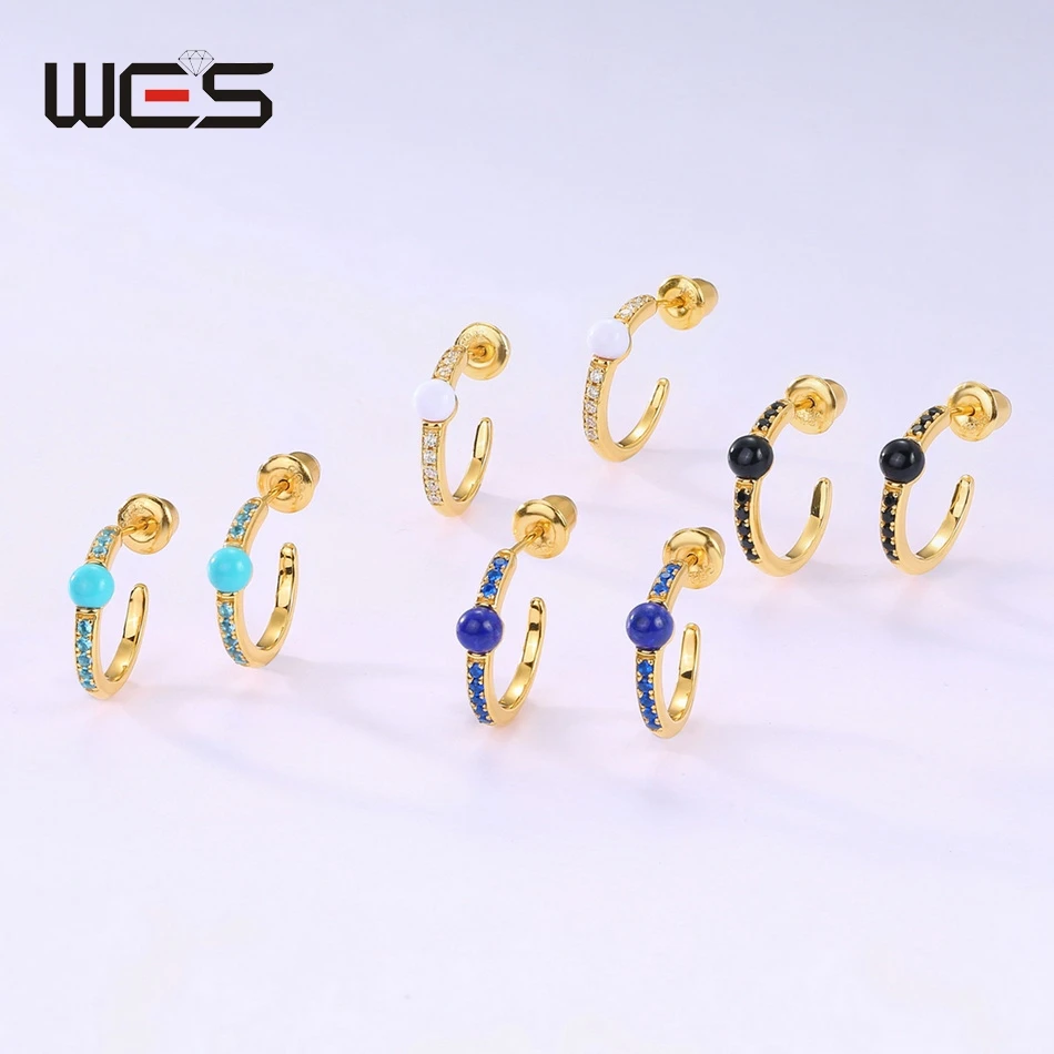 

WES 925 Sterling Silver Candy Style Earrings for Woman Blue Onyx Lapis Lazuli Turquoise Stone Agate Gold Plated Vintage Jewelry