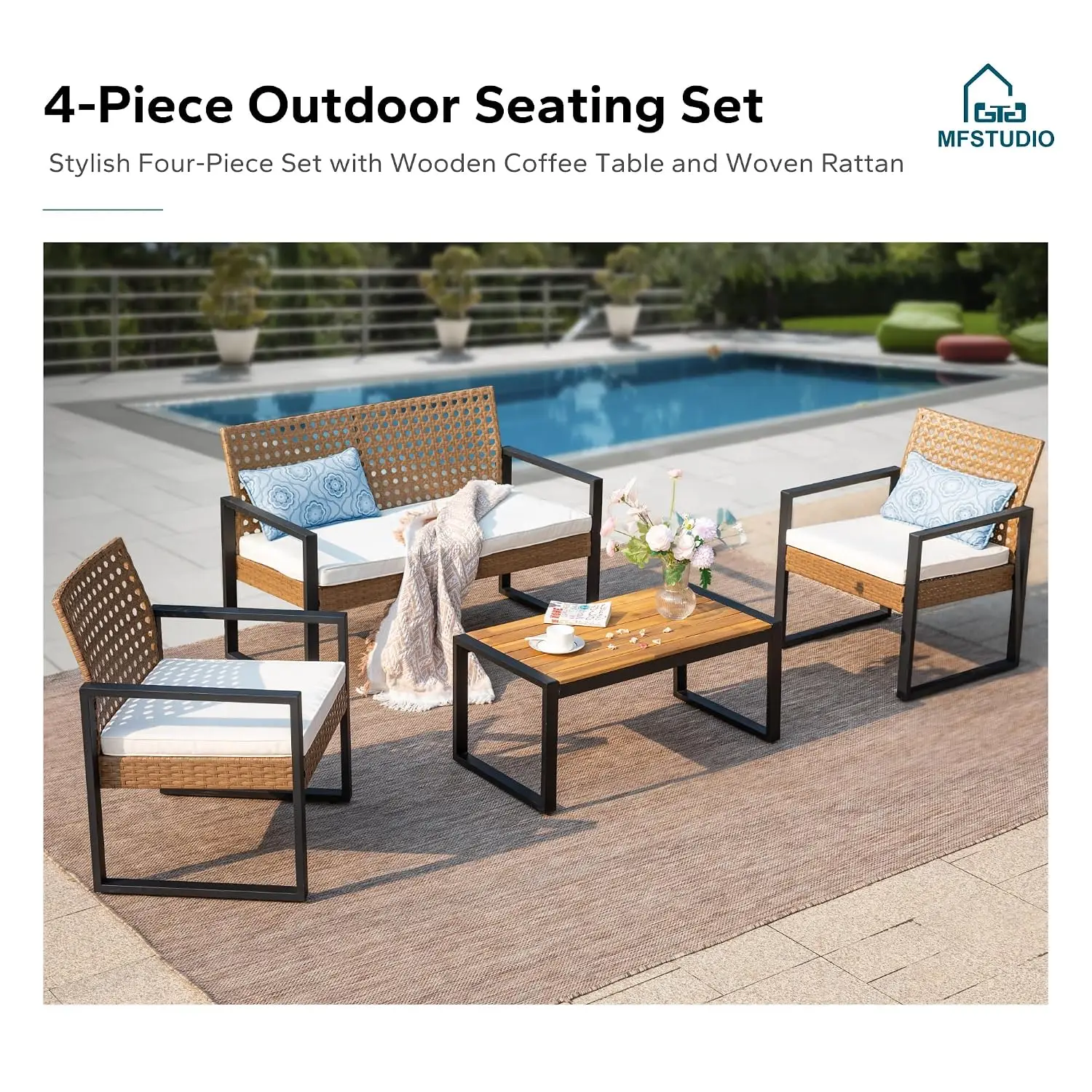 Brown Wicker Patio Furniture Set 4 Piece With Beige Cushions Outdoor Garden Balcony, Customized