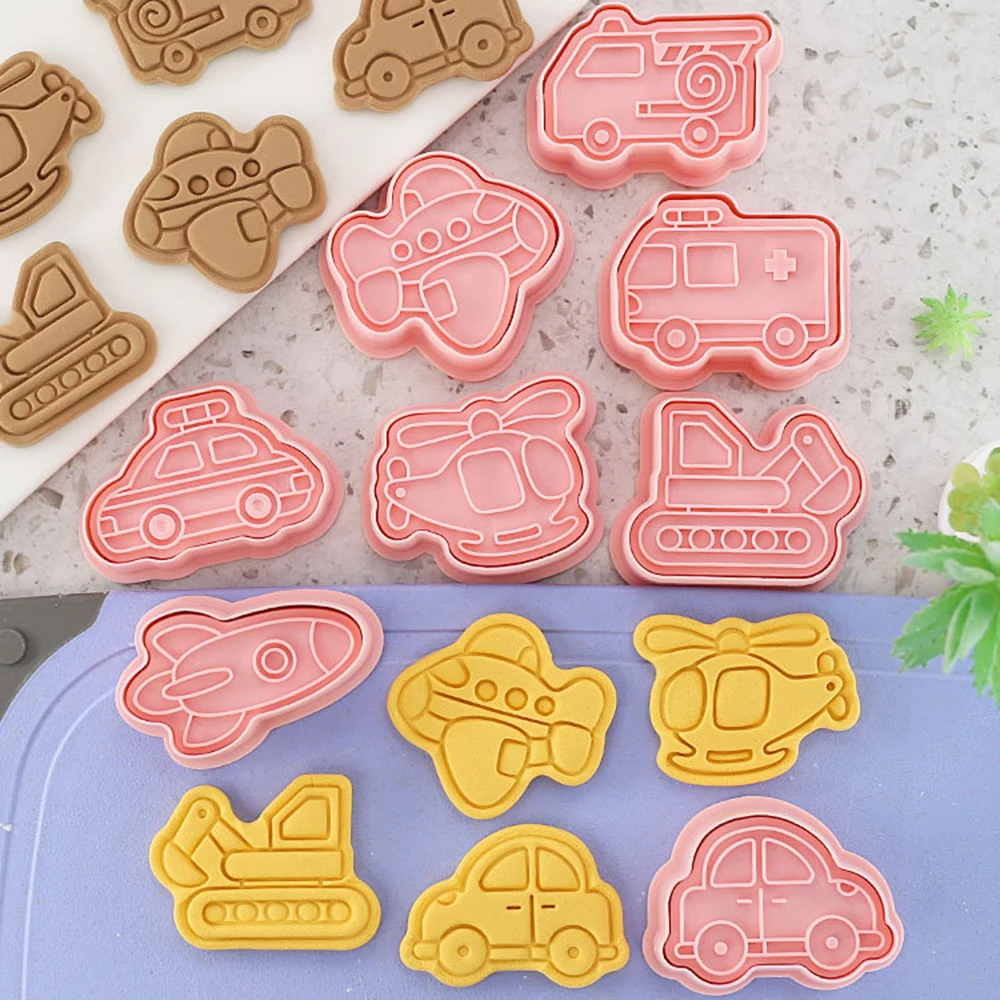 8Pcs Traffictool Cars Cookie Cutters Plastic Embosser Cookie Molds Kids Birthday Party Baking Stamp Decor Supplies Baby Shower