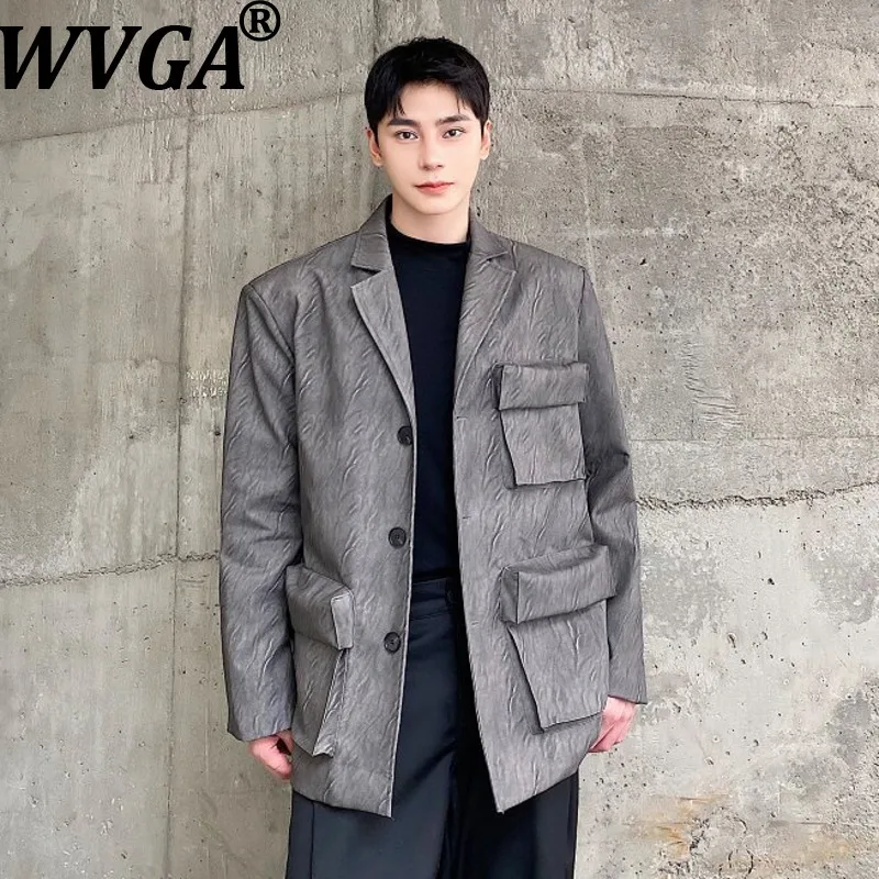 WVGA Spring Autumn New Man Multi-Pocket Three-Dimensional Trendy Turn-Down Collar Leather Jacket Niche Chic Casual Blazer W20945
