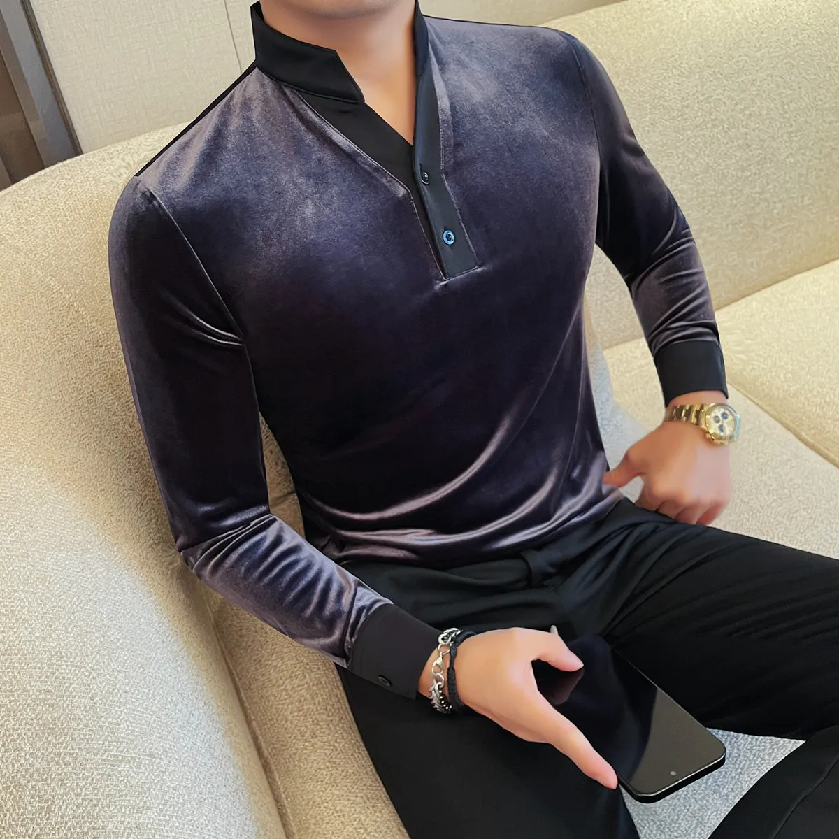 

Осень 202, мужская бархатная футболка с высоким воротником и длинными рукавами, модная облегающая эластичная базовая рубашка с v-образным вырезом, повседневные деловые футболки