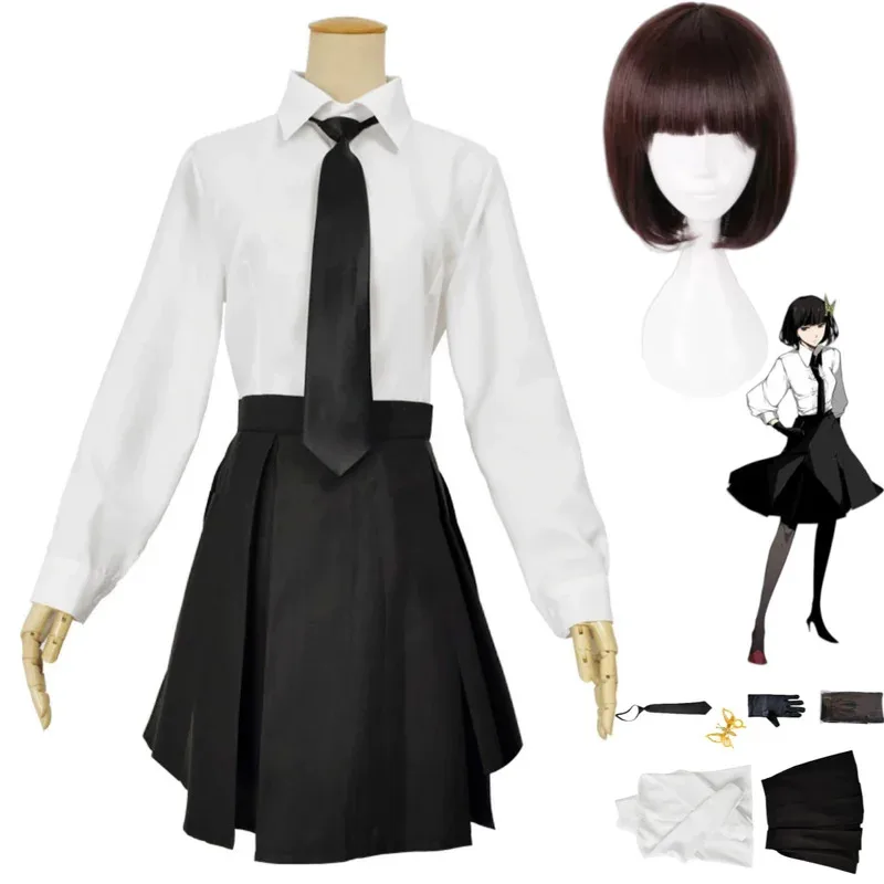 Disfraz de Cosplay de Anime Bungo Stray Dogs Akiko Yosano, uniforme JK, camisa, falda, tocado, peluca, trajes de fiesta de baile enmascarado Sexy para mujer; 3'v,6