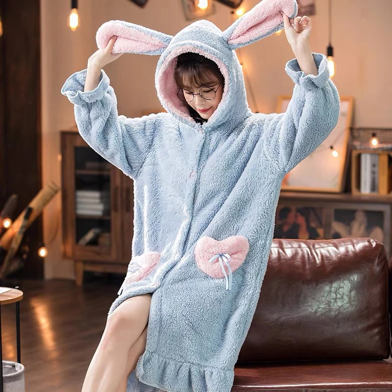 Women\'s Flannel Pajamas Long Sleeve Nightgown Loose Plus Size Korean Nightwear Winter Sleep Dress Cute Animal Cartoon Night Gown