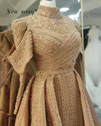 Dubai Champagne Formal Beaded Evening Dresses Arabic Muslim High Neck Long Sleeves Overskirts Prom Gowns For Women Wedding Party