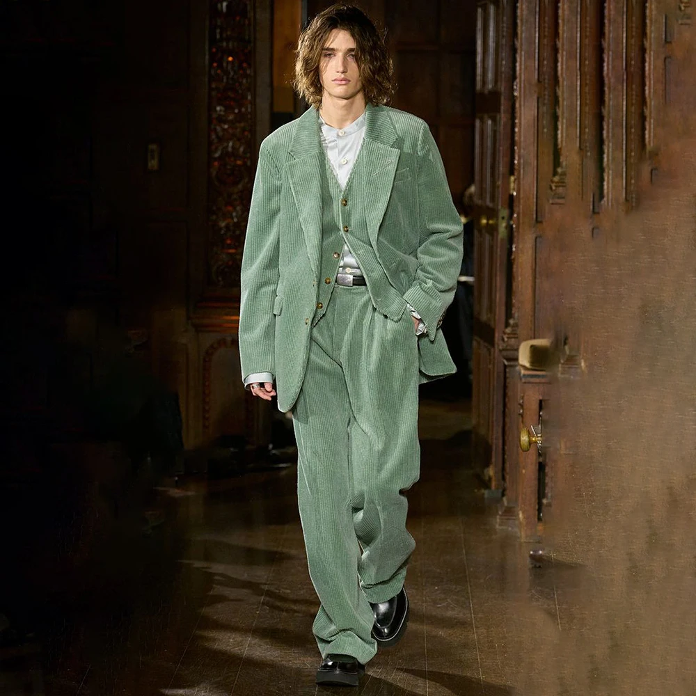 

Loose Men's Suits Fashion Single Breasted Notch Lapel 3 Piece Jacket Pants Vest Full Sets Elegant Corduroy Daily Outfits