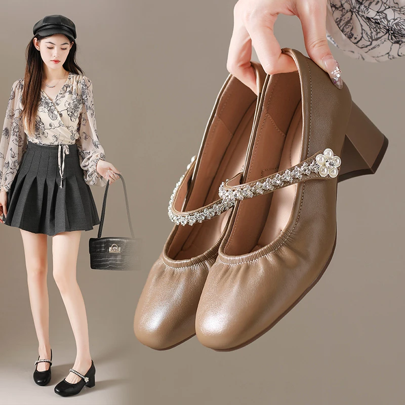 

Элегантные женские туфли Мэри Джейн с французской бриллиантовой цепочкой, новый стиль 2025 года, модные и универсальные массивные одиночные туфли