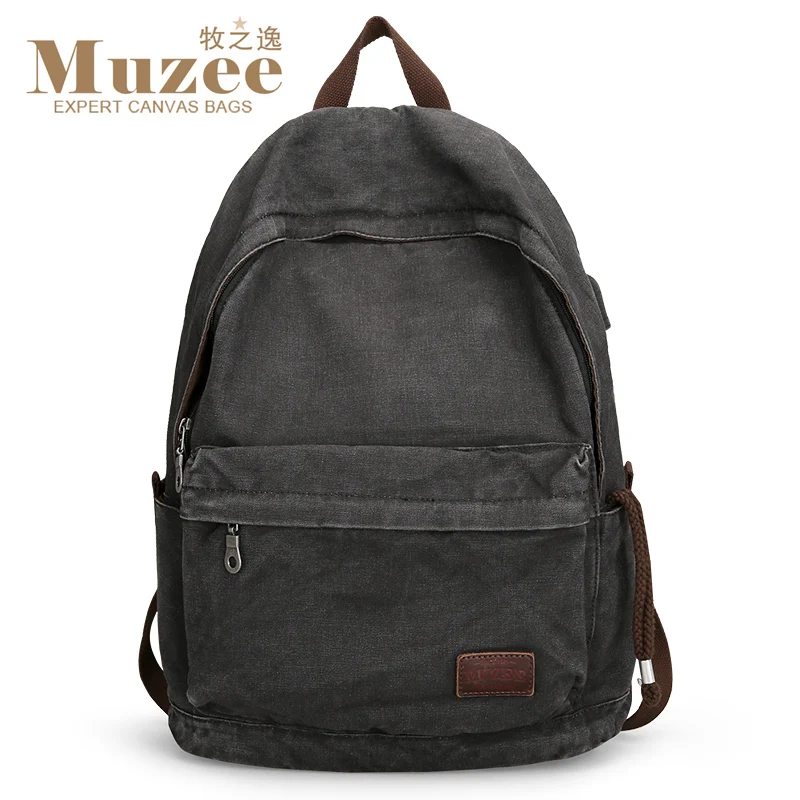 

MUZEE Simple travel school bag black khaki USB canvas backpack