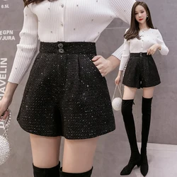 High Quality New Women Pocket Wide leg Shorts 2024 Spring Woolen Shorts Women Fashion Solid High Waist Sequin Tweed Short Pants