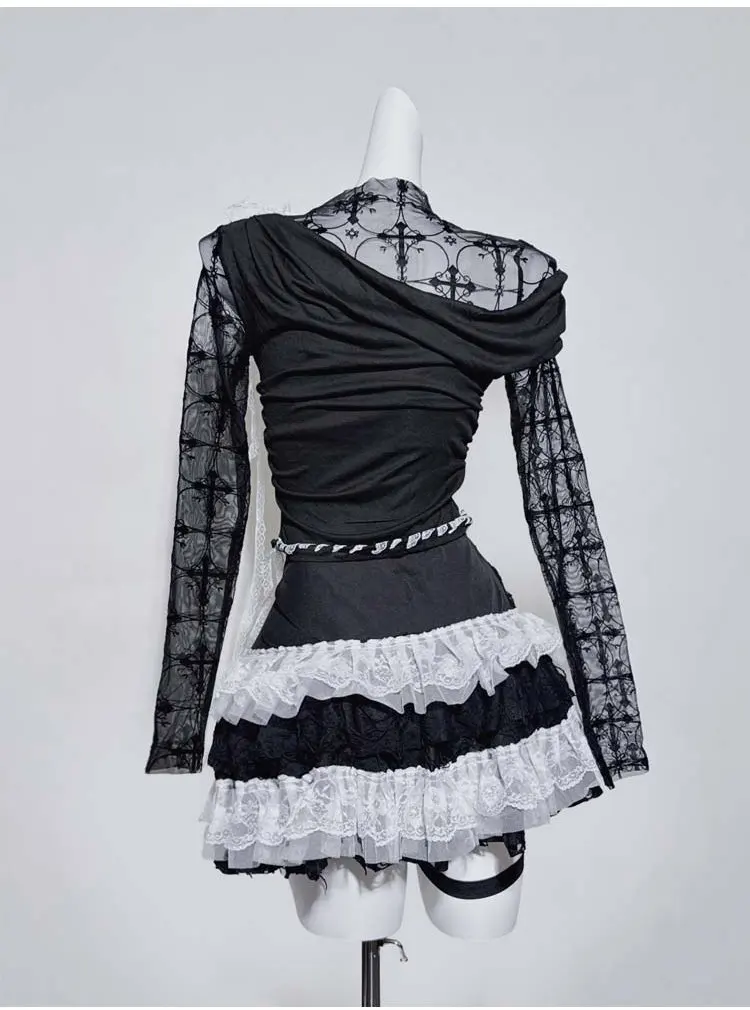 Original Design Fake Two-Piece Top Long Sleeve Tee Women 2026 Spring New European Style Stand Collar Ruffled Lace Blouse