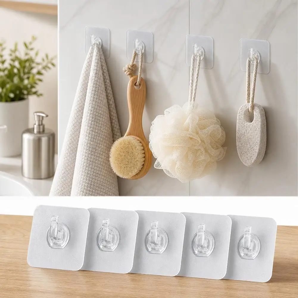 Heavy Duty Adhesive Wall Hooks Transparent Punch Free Seamless Sticky Hanger Waterproof Towel Hook for Kitchen Bathroom