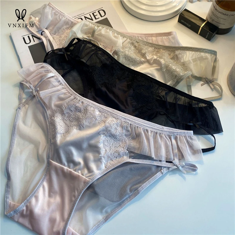 2024 French Style Low Waist Hollow Out Soft Yarn Briefs Women\'s Satin Patchwork Bow Eyelash Lace Underwear Cotton Inner Crotch