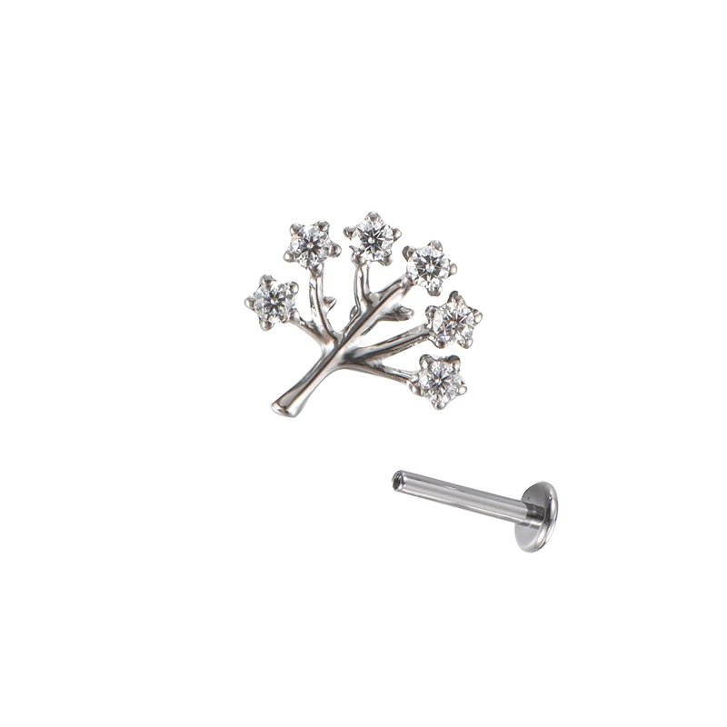 16G ASTM F136 Titanium Internally Threaded Zircon Tree Shape Top Labret Tragus Lobes Helix Cartilage Body Piercing Jewelry