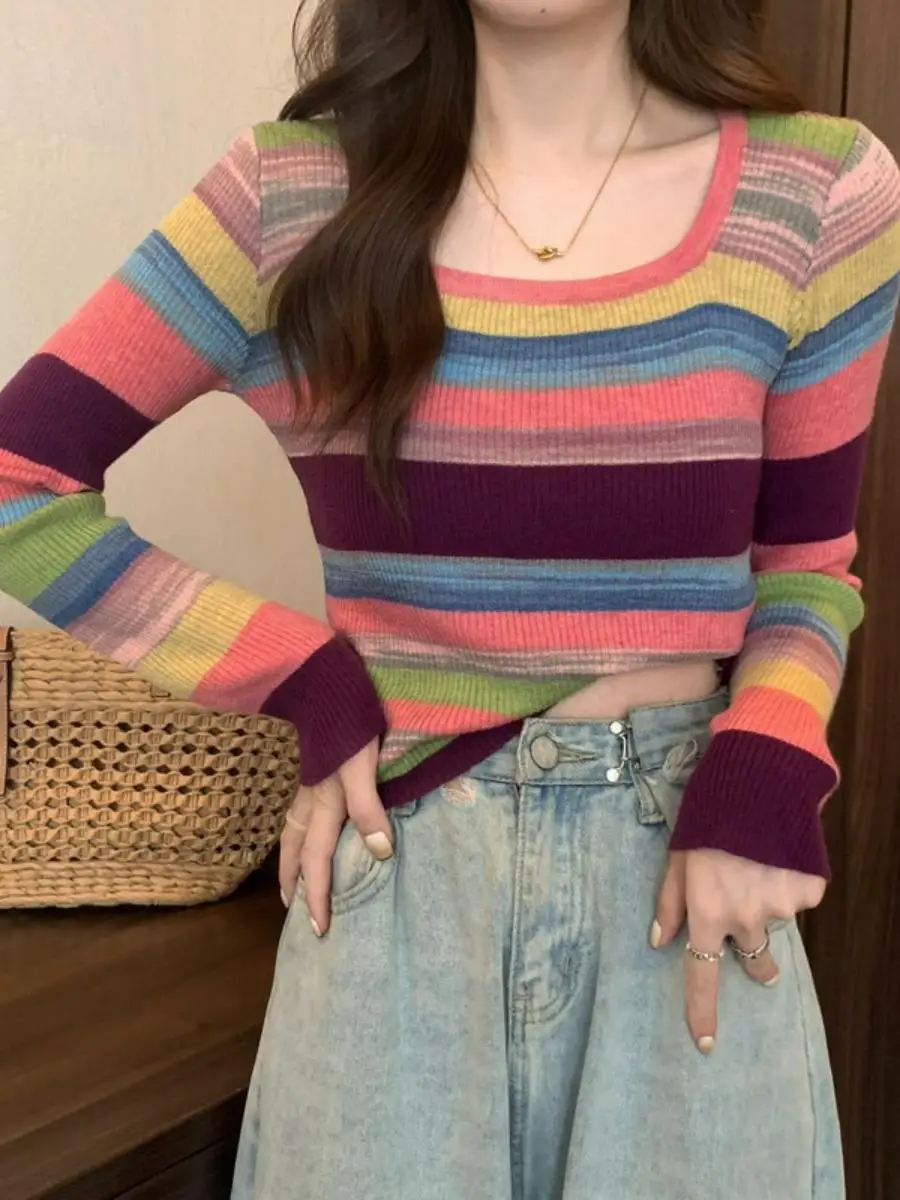 

Sweet And Spicy Korean Style Square Collar Slim Fit Striped Short T-Shirt for Students Autumn Winter New Arrival Fashion