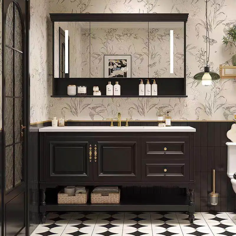 American bathroom cabinet combination ceramic integrated basin floor-to-ceiling rock slab washbasin washbasin oak