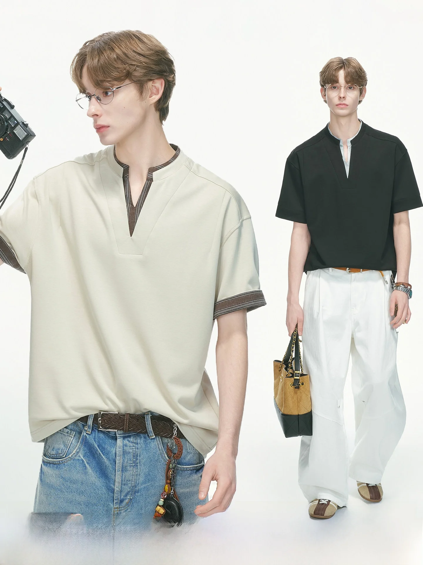 Dream Made Men's V-Neck Short Sleeve T-Shirt Fake Two-Piece Style Henry Collar Summer New Arrival Breathable Comfortable Poly...