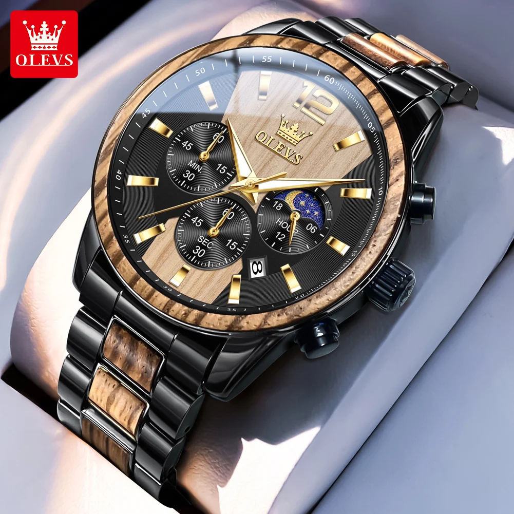 OLEVS 3645 Herren Quarz-Armbanduhr Luxus Business Holz-Mondphasen-Chronograph Wasserdicht Leuchtend Datumsanzeige Uhren für Männer