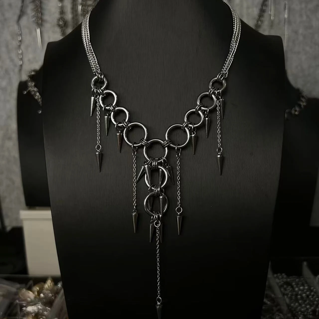 Handmade Punk Rock Piercing Spike Exaggerated steel ring tassel for Women Men Fashion Rivet Necklace Sweater Chain Accessories