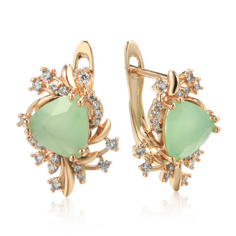 Kinel New Trend Crystal Flower Earrings for Women 585 Rose Gold Color Green Natural Zircon Drop Earrings Fine Daily Jewelry