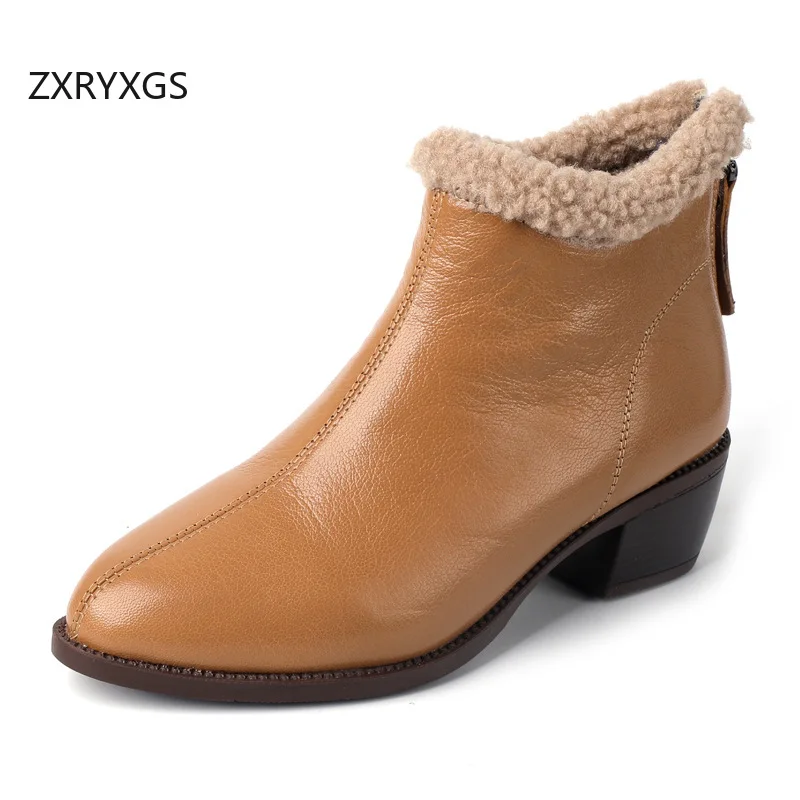 

ZXRYXGS Зимние теплые зимние ботинки из овчины с верхним слоем, элегантные ботинки на толстом среднем каблуке, новинка 2025 года, женские ботинки большого размера из натуральной кожи