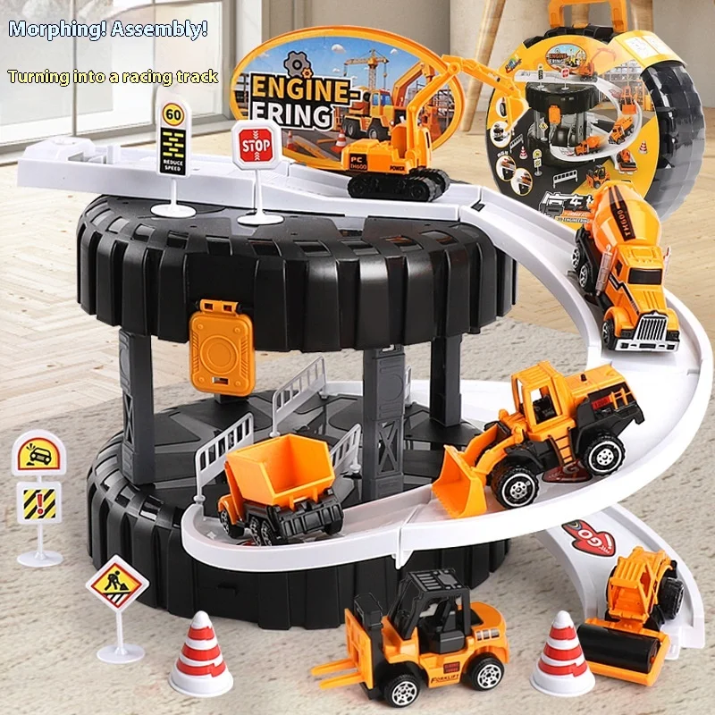 Engineering Mini Cars Rail Scene Toy Parking Lot Wheels Storage Box  Model Track Vehicle Building Boys Play Set Construction Car