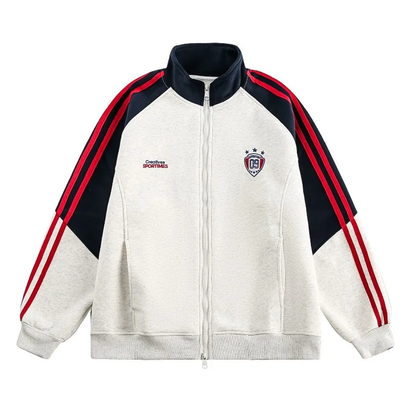 Spring New Color Block Embroidered Stand-Up Collar Pullover Hoodie Unisex Streetwear Loose Casual Jacket