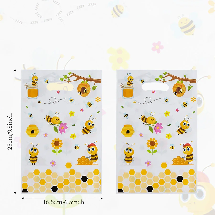 Cute Bee Pattern Plastic Handle Gift Bags Honeycomb Print Goodie Treat Bags Kids Birthday Baby Shower Snack Candy Gift Packaging