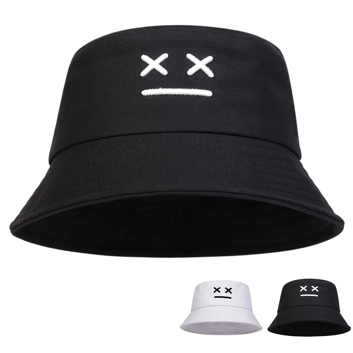 Cappello da pescatore a tesa larga ricamato con nuova espressione Cappello da pescatore pieghevole per protezione solare all'aperto per studenti primaverili ed estivi