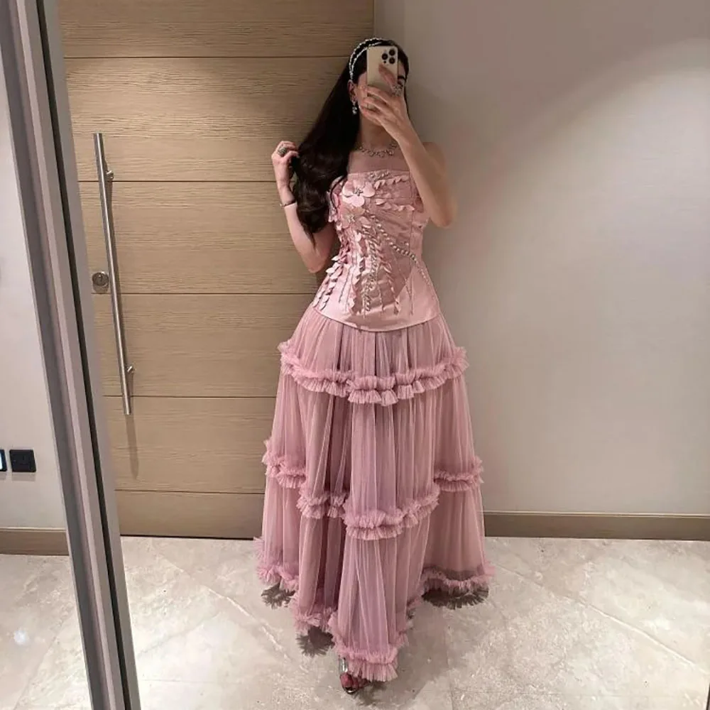 

Msikoods Luxury Pink Evening Dresses Beading Strapless Party Dress 3D Floral Tiered Tulle Corset Formal Prom Dress Customized