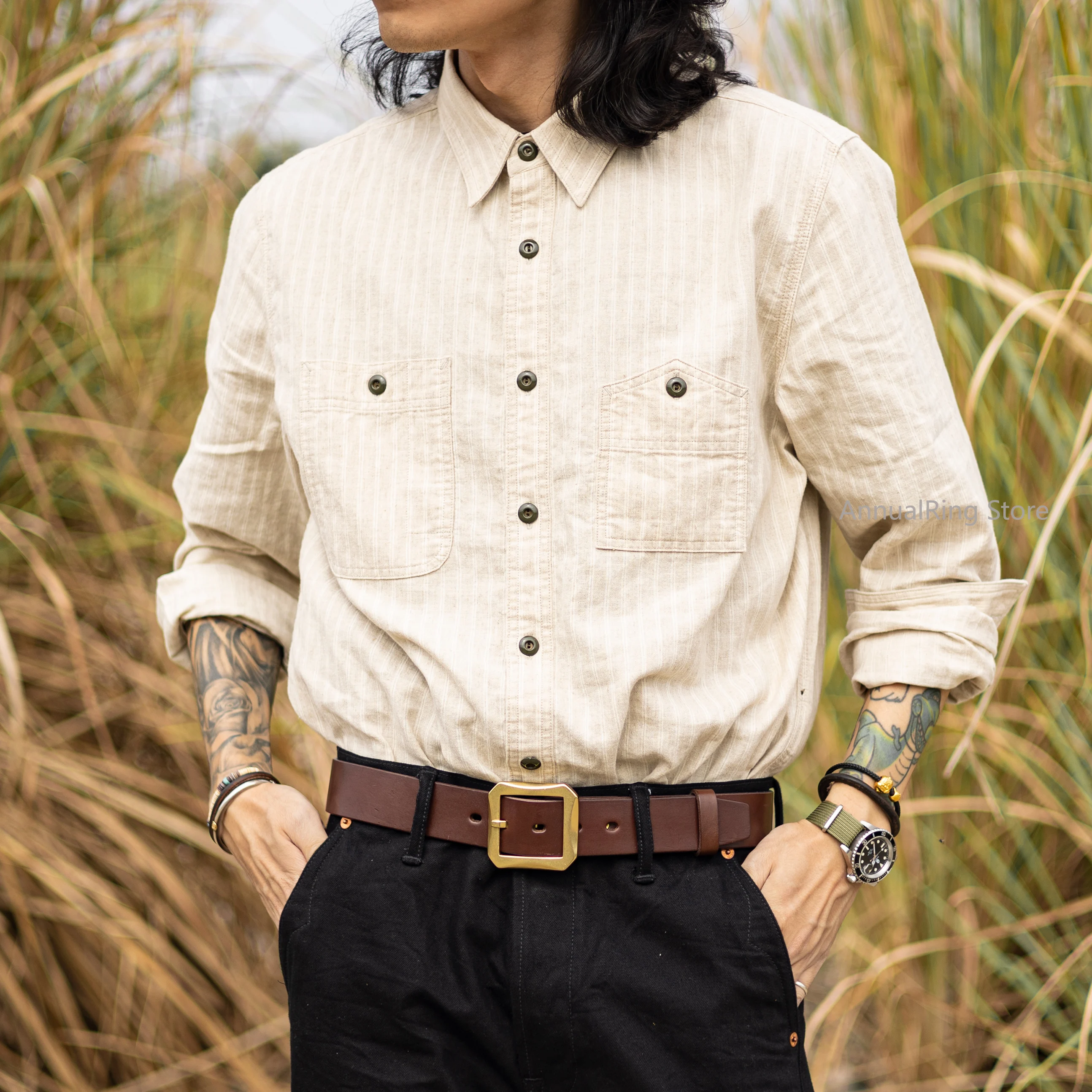Red Tornado Vintage Cotton-Linen Stripe Work Shirt in Beige All-Season Breathable Button-Front Workshirt for Men