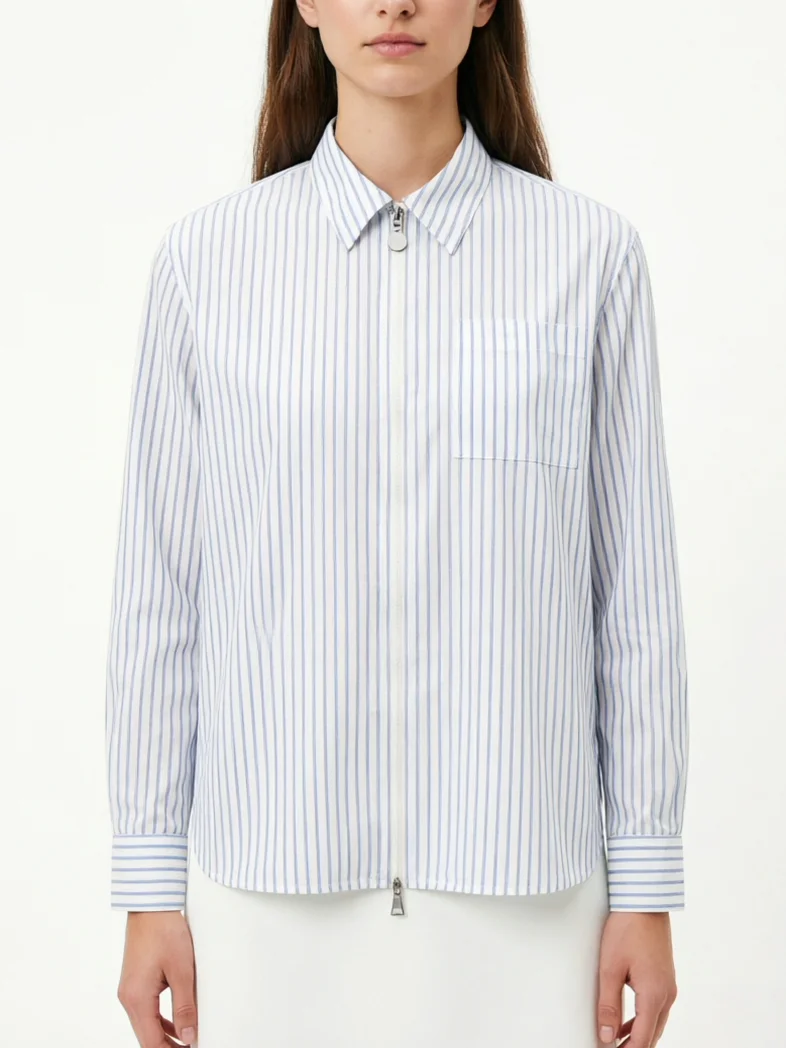 

Свободный крой, длинный рукав, кардиган на молнии, в полоску, средней длины, женская рубашка, дышащая, комфортная, из смесового хлопка и полиэстера