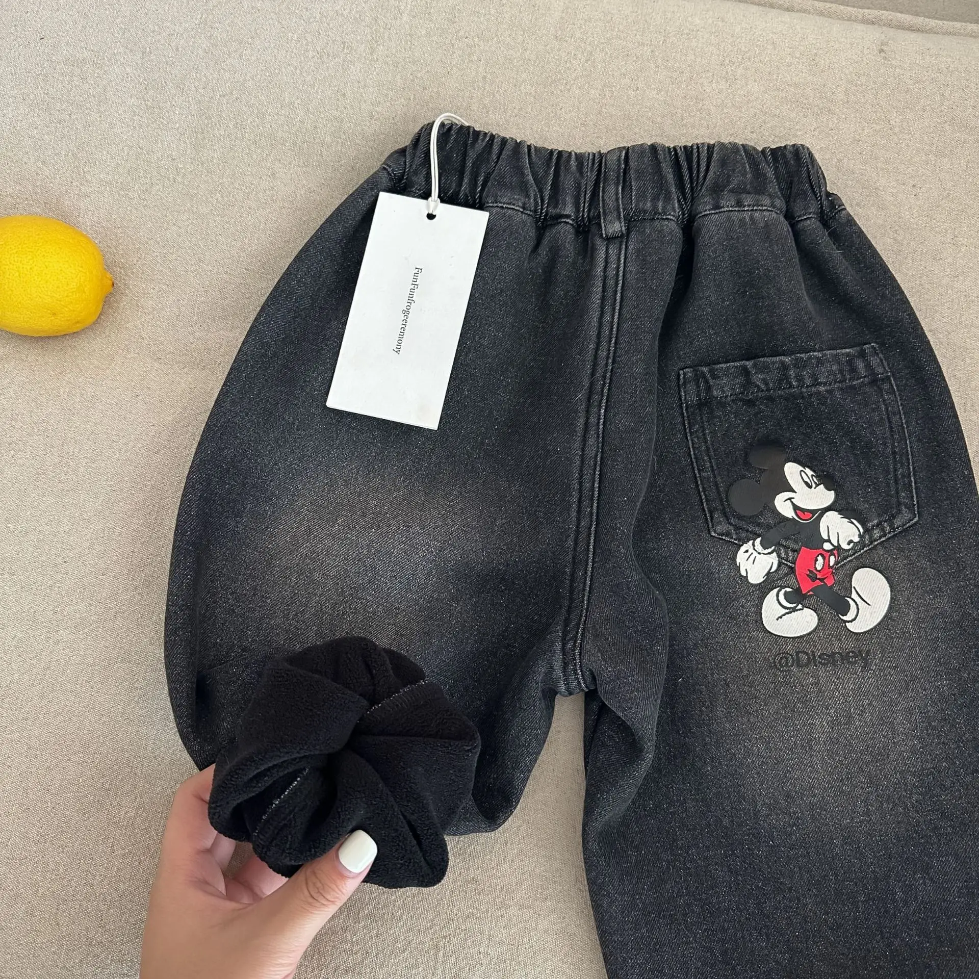 

Mickey Print Children Fleece Jeans Korean Casual Fashion Washed Trousers Autumn Winter Cartoon Pattern Kid's Denim Pants