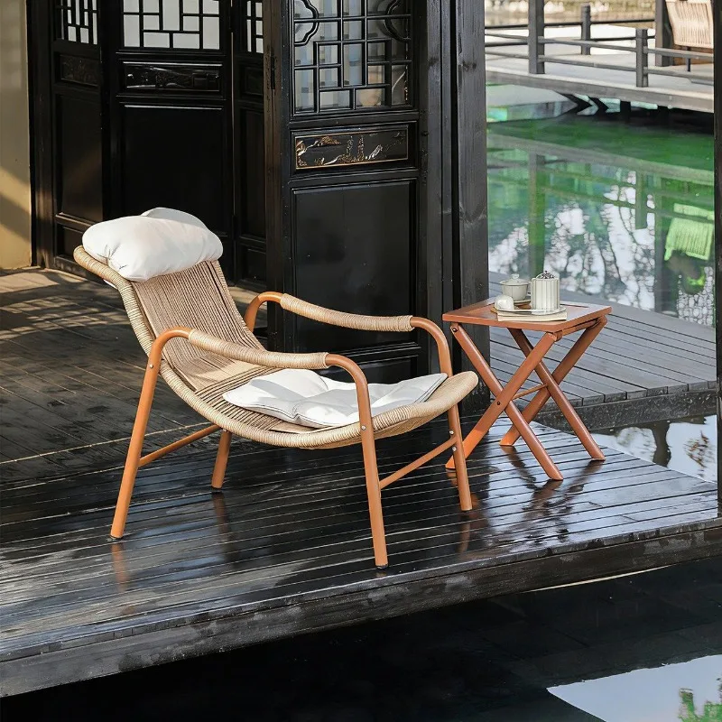 Outdoor Wangyun recliner 2026 new rattan recliner drinking tea leisure belt armrest rattan chair