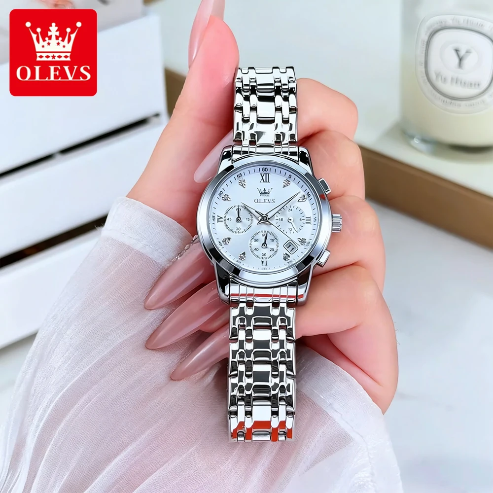 ساعات نسائية أنيقة من OLEVS ساعة يد كوارتز أصلية فاخرة من الفولاذ المقاوم للماء كرونوغراف للتاريخ المضيء