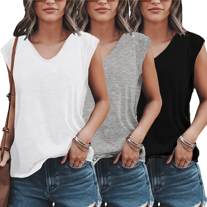 

Plus Size New Women's Solid Color Fashionable V-Neck Sleeveless T-Shirt Three-piece set Casual And Loose Summer Street Tank Tops
