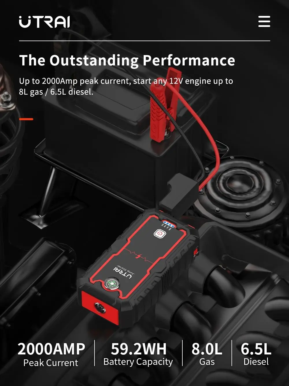 UTRAI 2000A Jump Starter Power Bank przenośna ładowarka urządzenie rozruchowe do awaryjnego uruchamiania akumulatora samochodowego 8.0L/6.0L — zdjęcie 2