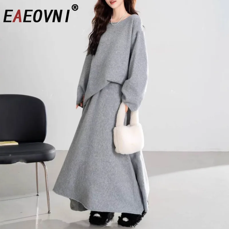 

EAEOVNI однотонный вязаный комплект из двух предметов, женский повседневный осенне-зимний новый пуловер, свитер + длинная юбка трапециевидной формы, модная одежда