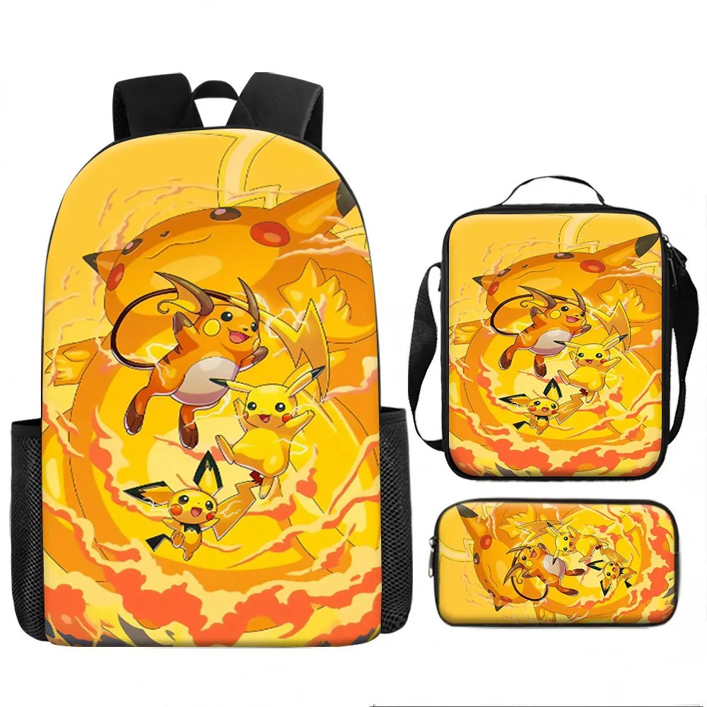 Kids Bag, Pokemon Anime, 3pcs Backpack Set Classic Monsters Pikachu Raichu Pichu​ Cute Colorful Print Waterproof Student Scho