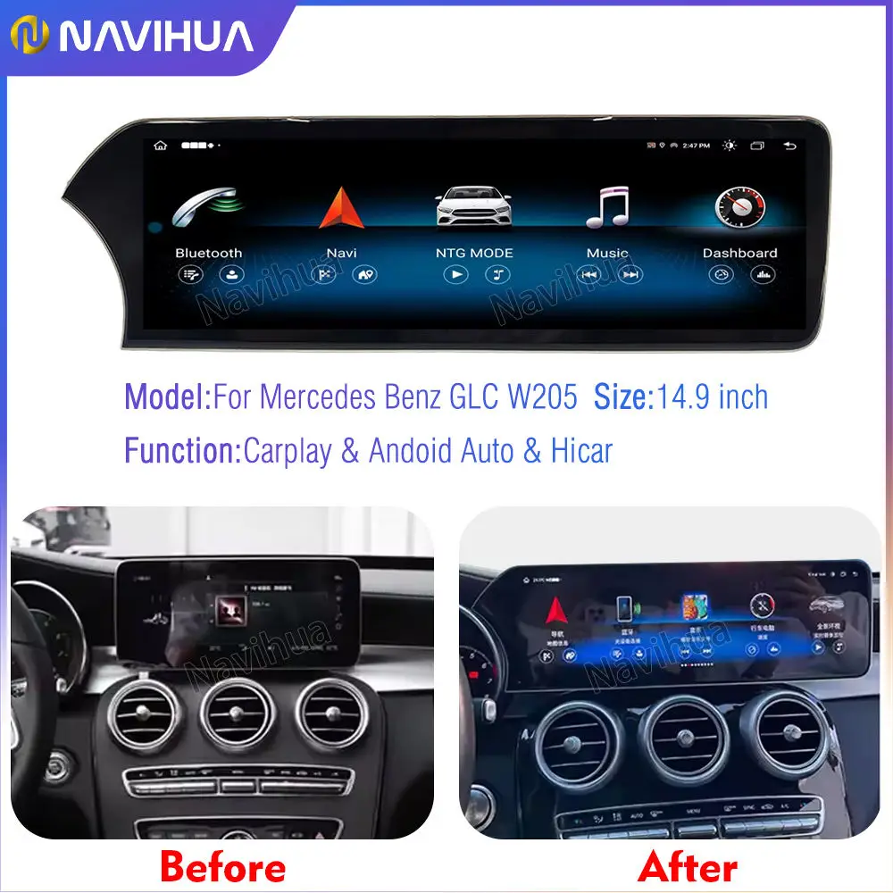 NaviHua For Mercedes Benz C GLC Class W205 X253 2015 Android Car Radio 14.9 Inch Blade Screen New Design Auto Carplay Navigation