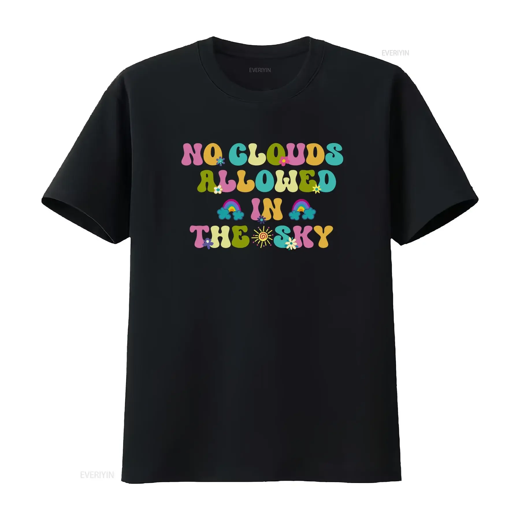 Groovy Retro Hippie No Clouds Allowed In The Sky Rainbow Sun Floral Print Casual T Shirt vintage Washed homme Stretched