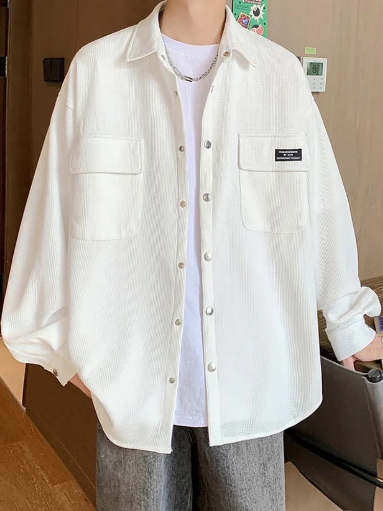 

Casual Long Sleeve Shirt for Teens Spring Autumn American Retro Workwear Jacket Youth Fashionable Button up Pocket Detail